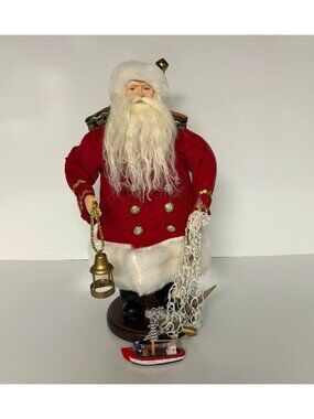 Nautical Santa Claus Figurine Fishing Red Corduroy Coat Faux Fur Vintage 16.5"